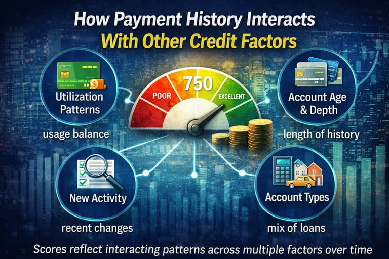 Infographic showing how payment history interacts with other credit factors like utilization, accoun