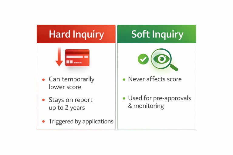 Comparison chart explaining the difference between hard inquiries and soft inquiries on credit repor