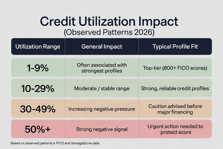 Credit Utilization Impact chart 2026: 1-9% (best for 800+ scores), 10-29% (stable), 30-49% (caution)