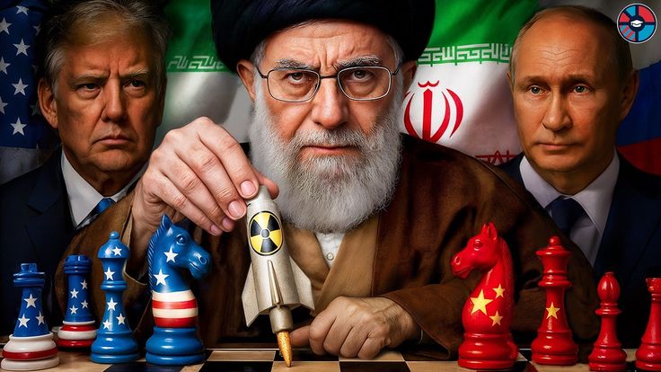 Donald Trump, Ali Khamenei, and Vladimir Putin playing chess with nuclear missile and flag-themed pieces.