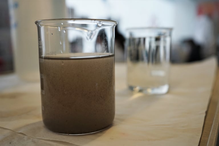 Muestra de agua turbia con sedimentos en vaso de laboratorio junto a muestra de agua filtrada clara
