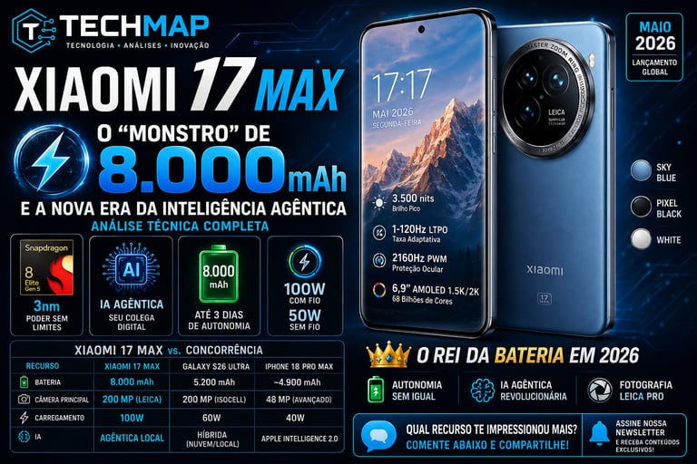 Xiaomi 17 Max smartphone infographic showcasing 8000mAh battery, Leica camera, and Snapdragon 8 Elite specs.