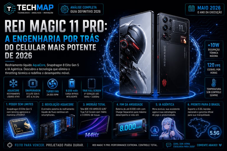 Infographic showing Red Magic 11 Pro gaming smartphone features including Snapdragon 8 Elite Gen 5 and liquid cooling.