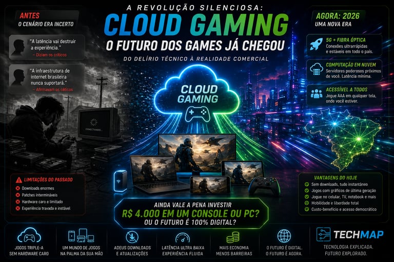 Infographic about cloud gaming technology in Brazil featuring futuristic neon city visuals and gaming devices.