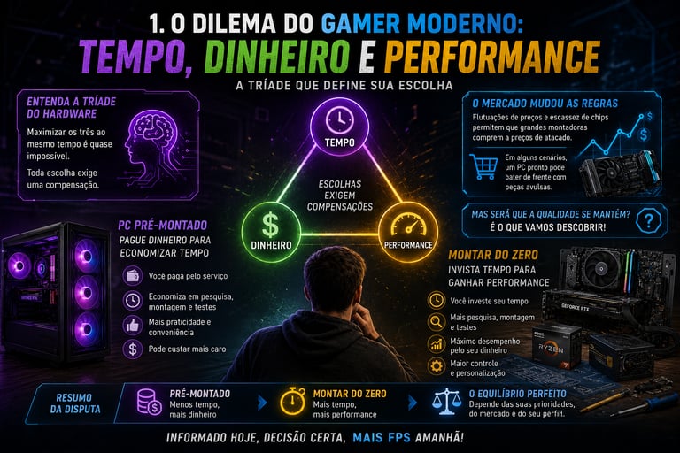 Infographic comparing pre-built PC gaming vs custom builds, focusing on time, money, and performance.