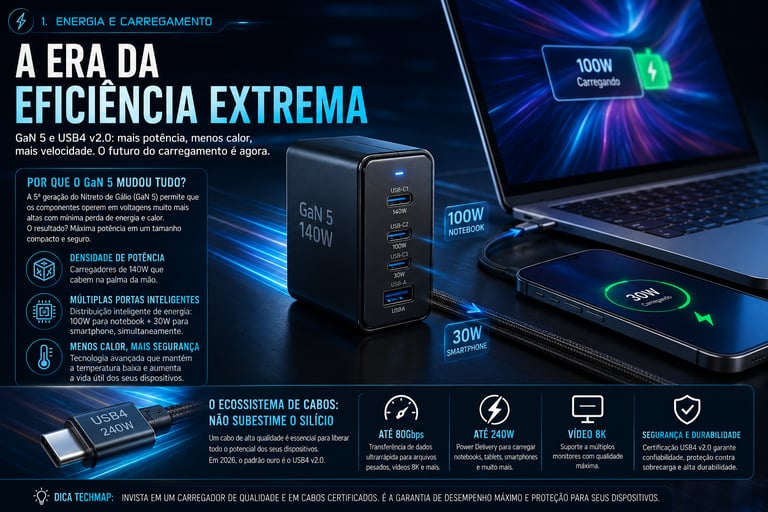 GaN 5 140W USB-C charger and USB4 cable charging a notebook and smartphone simultaneously.