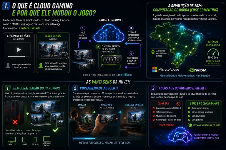 Infográfico em português sobre cloud gaming explicando o funcionamento dos jogos em nuvem e computação de borda.