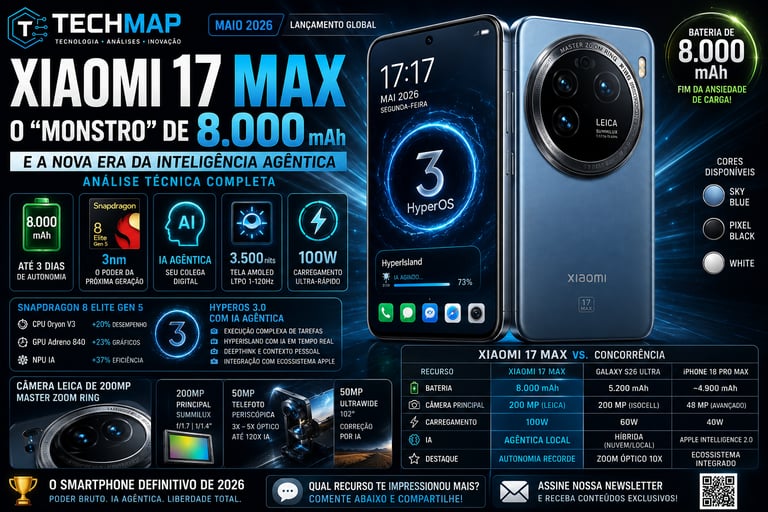 Xiaomi 17 Max smartphone promotional graphic featuring an 8000mAh battery, Leica triple camera, and Snapdragon 8 Elite Gen 5