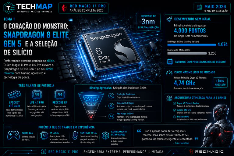 Infographic showing Red Magic 11 Pro specifications with Snapdragon 8 Elite Gen 5 processor and 3nm technology.
