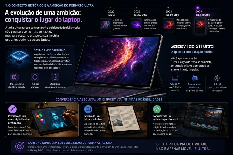 Infographic showing the evolution of the Samsung Galaxy Tab S11 Ultra with AI features and high-performance specs.