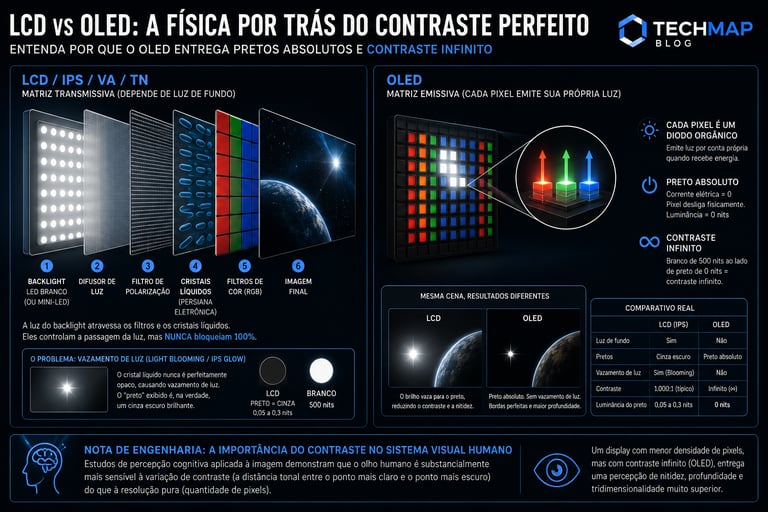 Infográfico comparativo entre telas LCD e OLED explicando a física do contraste e pretos absolutos.