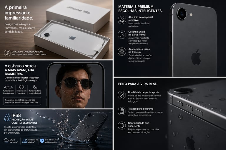 Product feature collage for the black iPhone 16e showing its water resistance, Face ID notch, and matte finish.