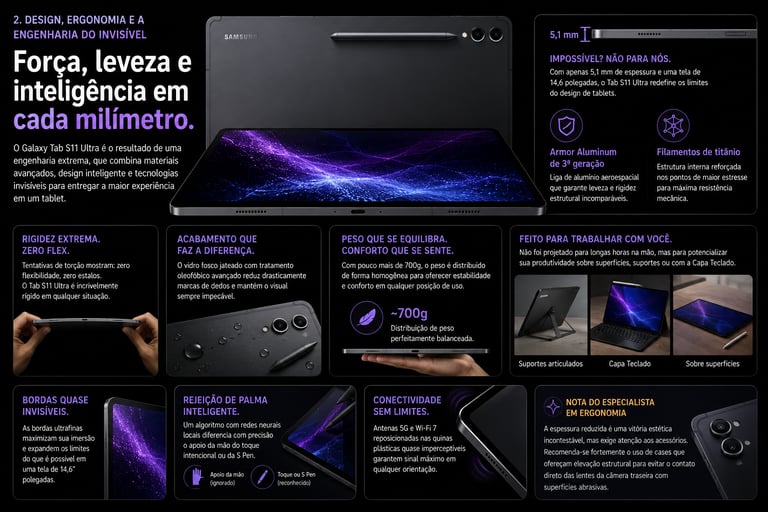 Promotional infographic for the Samsung Galaxy Tab S11 Ultra highlighting its slim 5.1mm design and advanced engineering