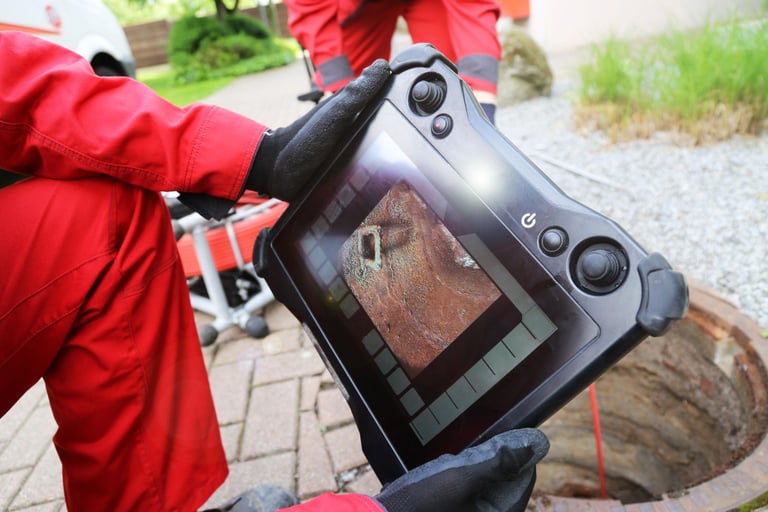 CCTV drain inspection showing live footage of pipe interior to detect blockages and damage