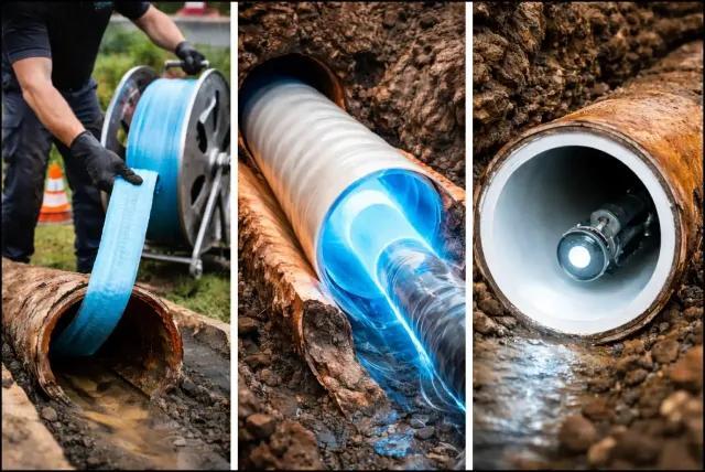 No-dig pipe relining process showing liner installation and restored pipe interior without excavatio