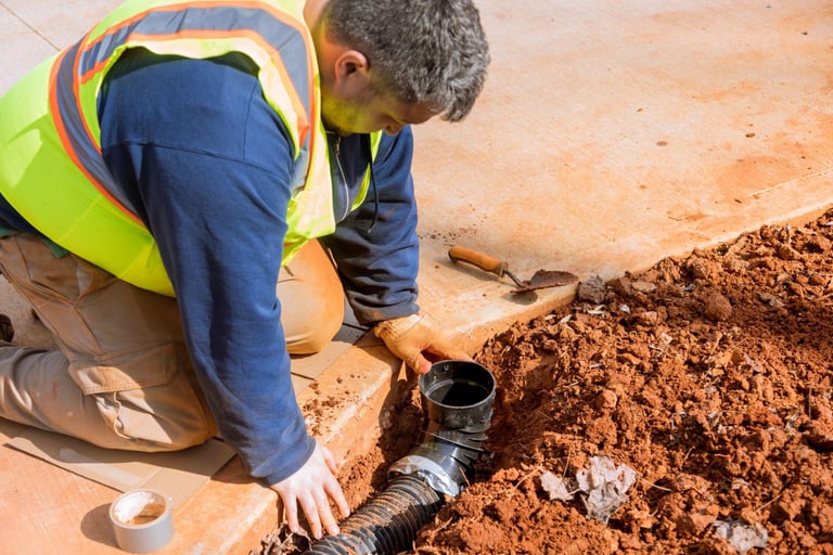 Stormwater drainage installation with plumber fitting underground pipe to prevent flooding