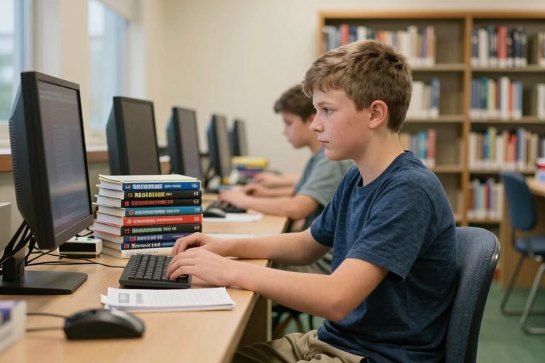 A young student uses a computer for research in a school library with books and bookshelves nearby.