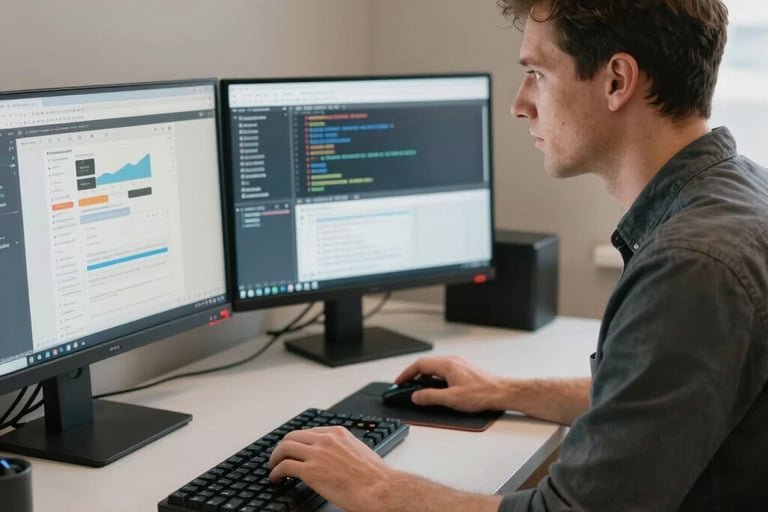A male software developer coding on dual monitors at a modern white desk setup.