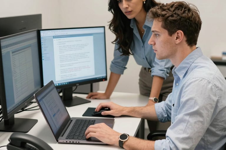 Two diverse colleagues collaborating at a modern workstation with a laptop and dual computer monitors.