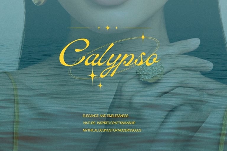 Elegant woman wearing Calypso gold earrings and a statement ring with an ocean background.