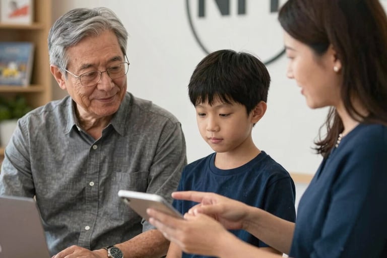 A multigenerational family of three looking at a smartphone together near a laptop.
