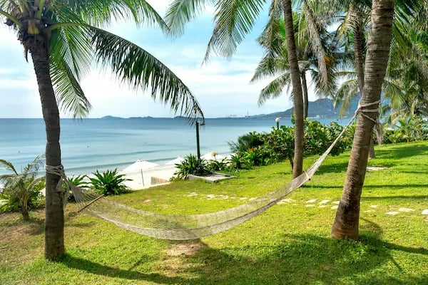 A tropical beach resort with a hammock tied between palm trees overlooking a white sand beach and blue ocean.