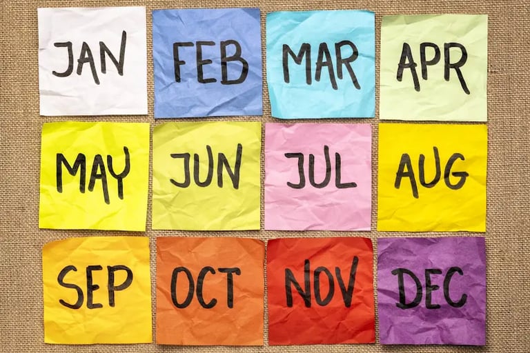 Twelve colorful sticky notes with abbreviations for months of the year on a brown textured background.