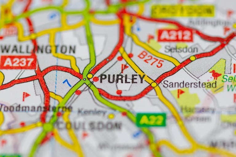 A close-up map showing Purley, London, with surrounding areas like Wallington and Coulsdon.