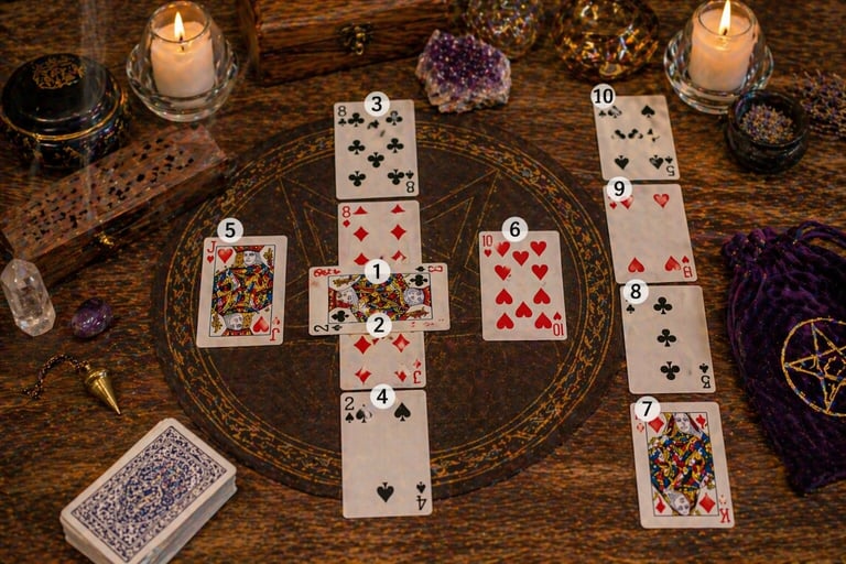 cartomancia online cruz celta com cartas comuns do baralho em tiragem completa na mesa