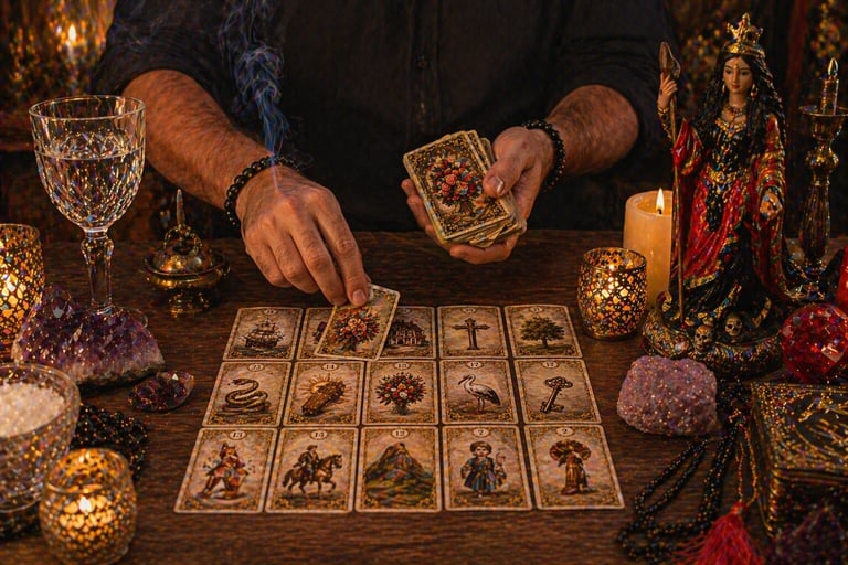 cartomante online baralho cigano realizando leitura lenormand com cartas na mesa