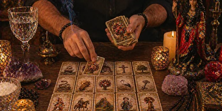 cartomante online baralho cigano realizando leitura lenormand com cartas na mesa