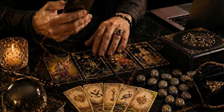 cartomante online confiável realizando consulta com baralho cigano lenormand e runas