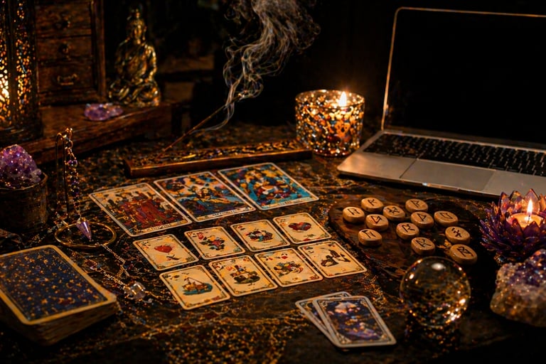 cartomante online realizando consulta com tarot, baralho cigano lenormand, runas e pendulo