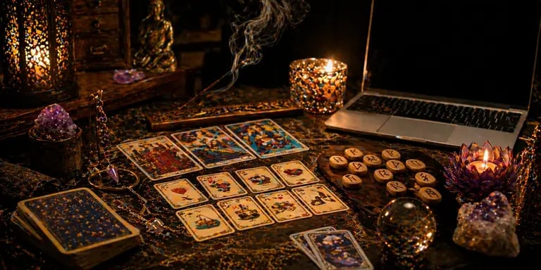 cartomante online realizando consulta com tarot, baralho cigano lenormand e runas