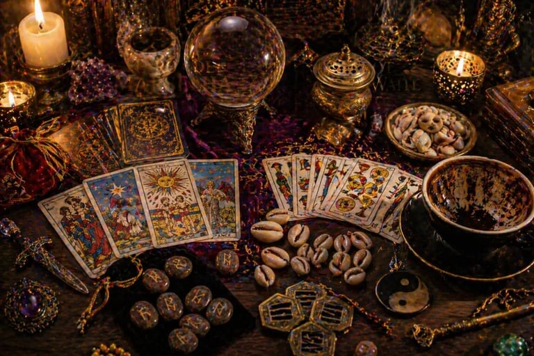 oraculos diversos com tarot runas buzios cafeomancia e bola de cristal em mesa mistica