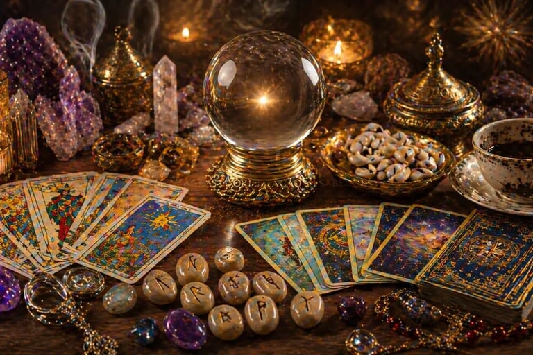 oraculos online com tarot runas buzios e bola de cristal em mesa mistica