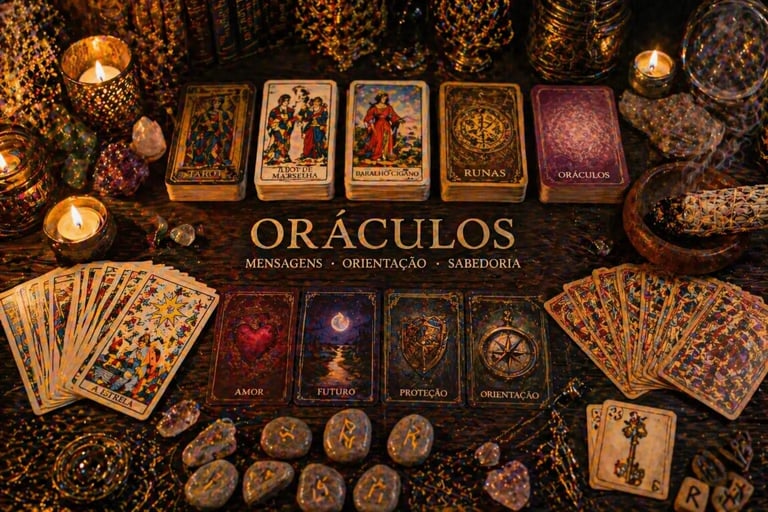 oraculos com tarot baralho cigano e runas em mesa mistica com cartas e pedras espirituais