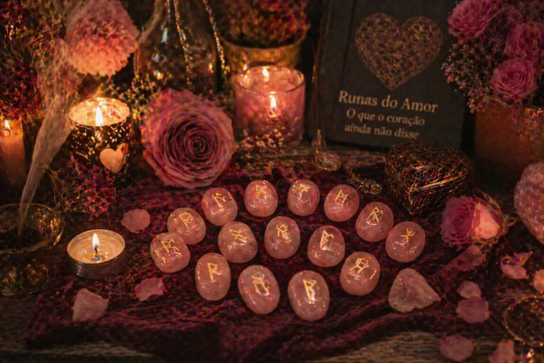 runas do amor leitura com runas em quartzo rosa em ambiente mistico romantico