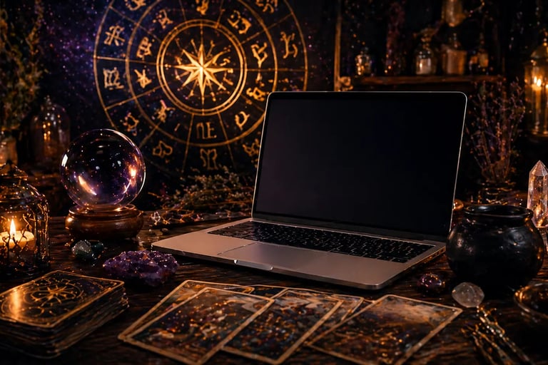 servicos esotericos online com tarot cristais e leitura espiritual em ambiente mistico