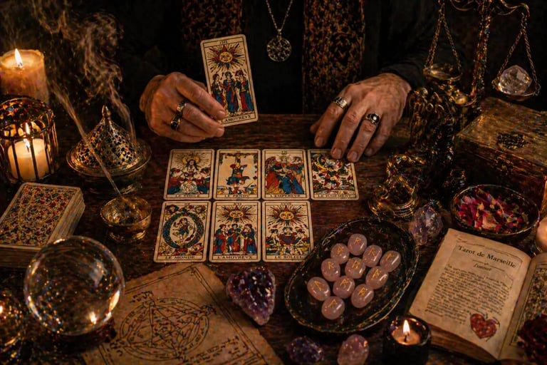 tarot de marselha leitura amorosa em consulta com cartas e ferramentas espirituais na mesa