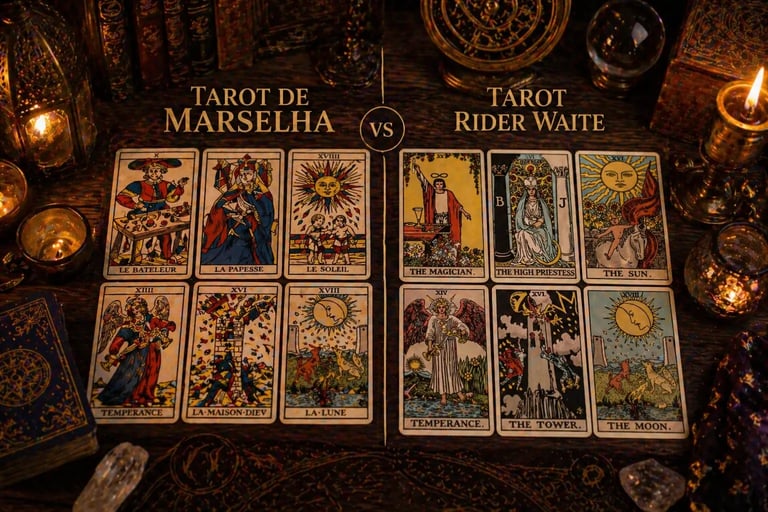 diferenca entre tarot de marselha e rider waite com cartas comparadas em mesa mistica