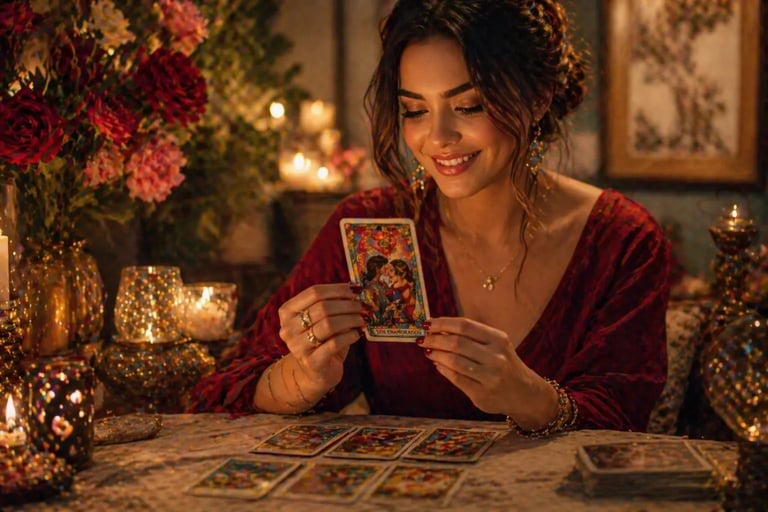 leitura tarot do amor com mulher feliz segurando carta