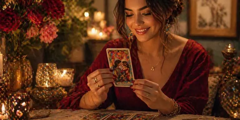 leitura tarot do amor com mulher feliz segurando carta