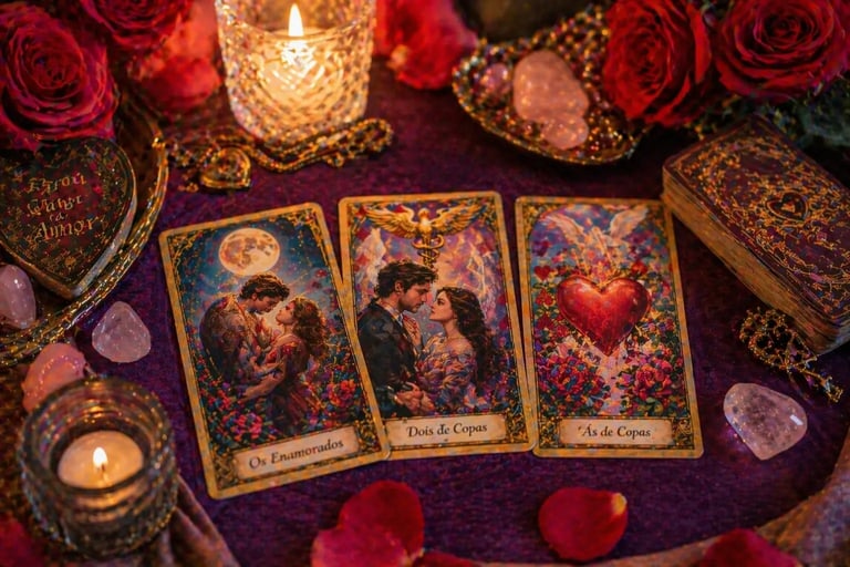 leitura tarot do amor com cartas romanticas coloridas