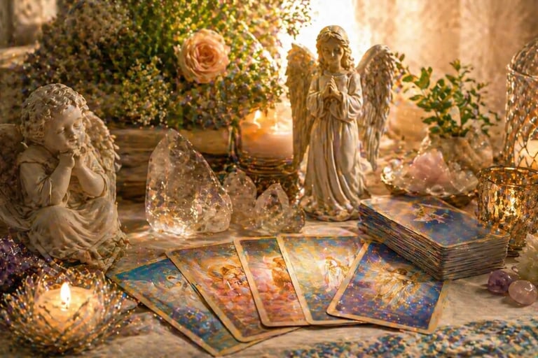 leitura tarot dos anjos com cartas angelicais em ambiente harmonioso