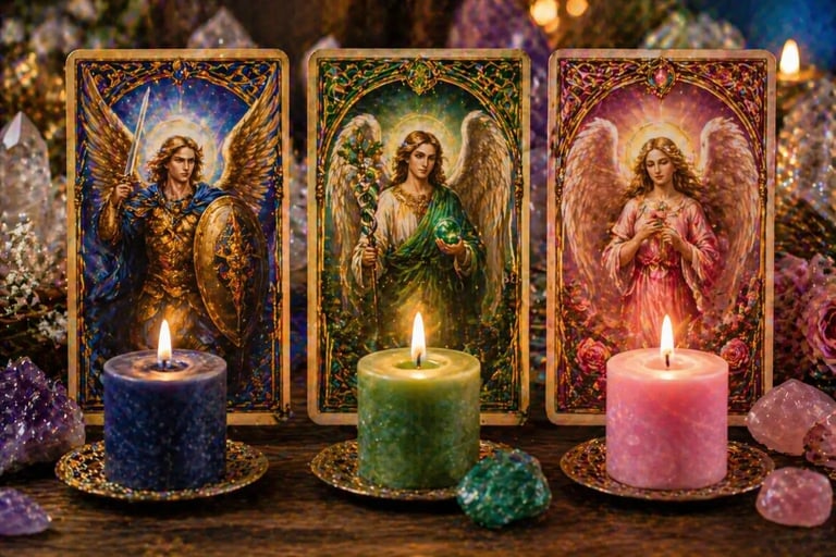 tarot dos anjos com arcanjos miguel rafael e haniel e velas coloridas em leitura espiritual