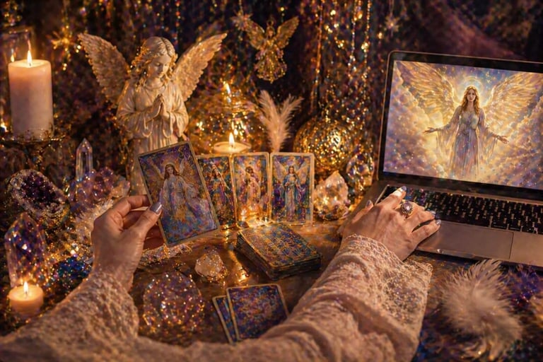 tarot dos anjos online consulta espiritual com cartas angelicais em ambiente mistico
