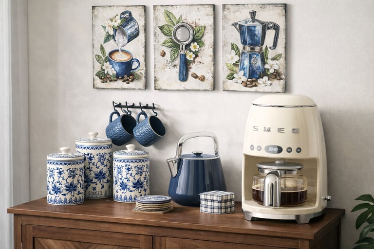 A cozy blue aesthetic coffee station featuring a cream SMEG coffee maker, wooden cabinet