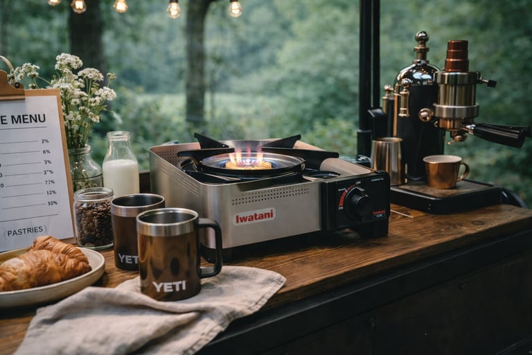 Portable Iwatani butane stove burning on a wooden table with Yeti mugs and coffee equipment.