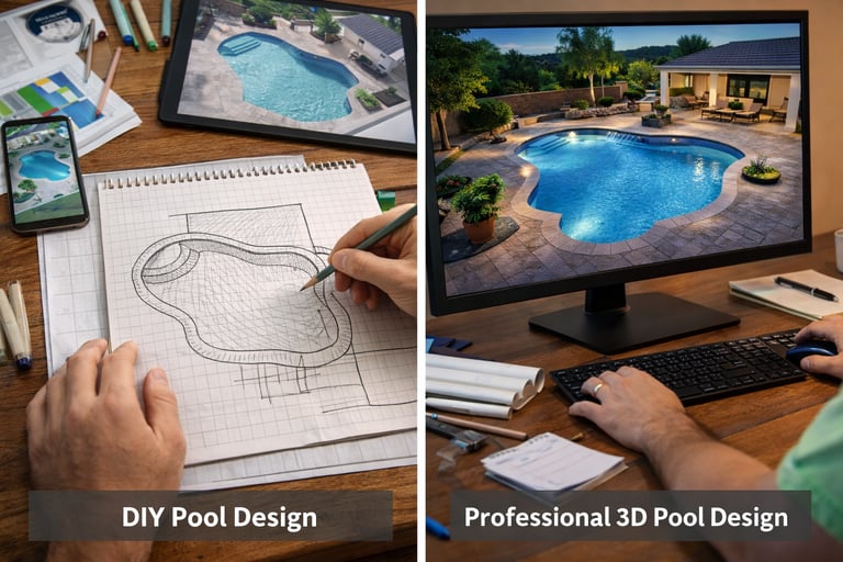 DIY pool design concept compared to professional 3D pool design rendering